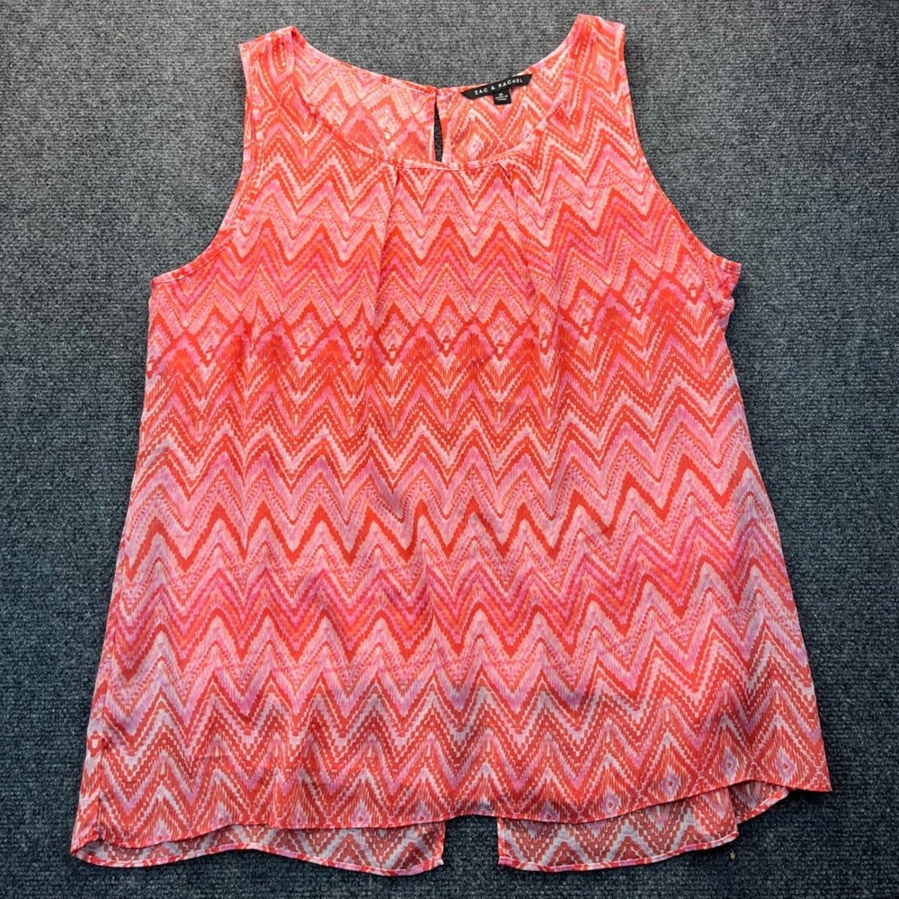 Zac & Rachel‎ XL Pink Orange Chevron Ikat Sleeveless Pleated Blouse Split Back